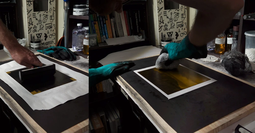 Inking and wiping a photopolymer plate